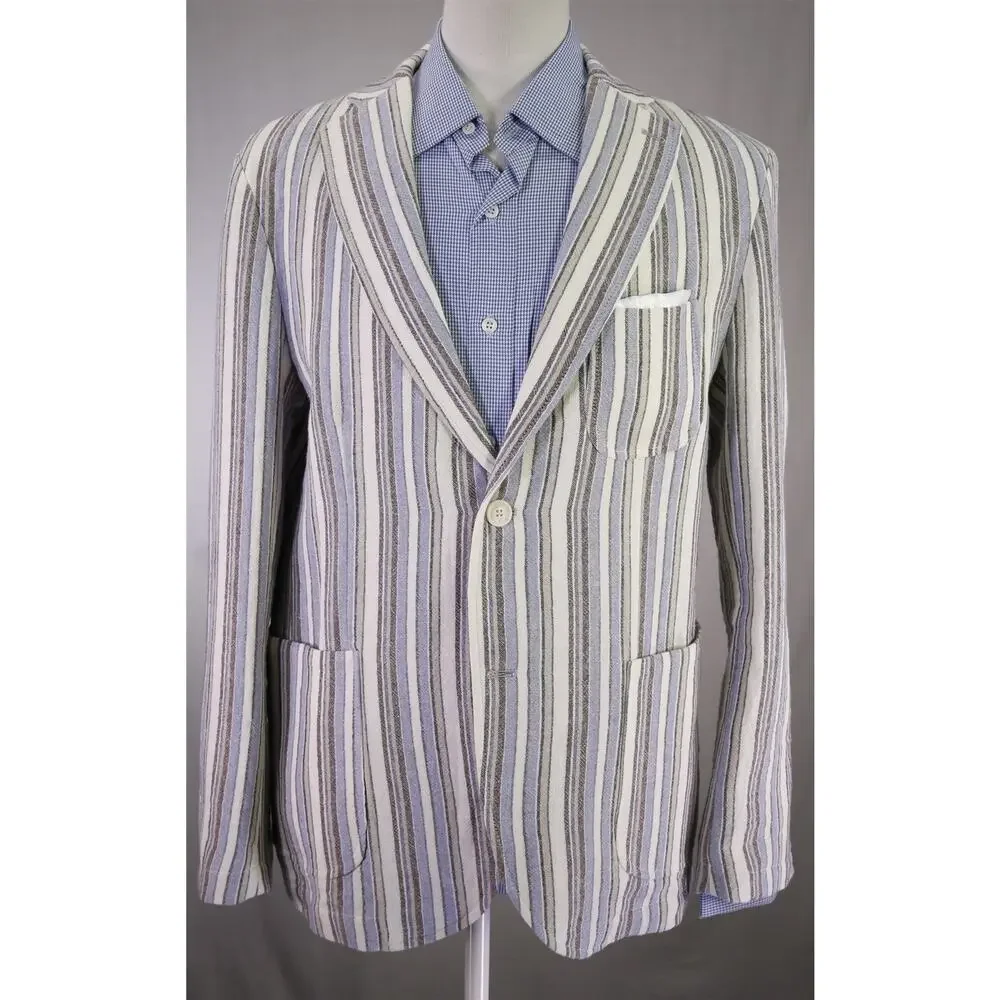 Barbati Blue Brown White Striped Patch Pocket Terry Cotton 2B Blazer Jacket 42R